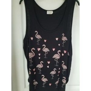 Free Kisses Graphic Tank Top Women's Plus Size 1X, Black with Pink Flamingos